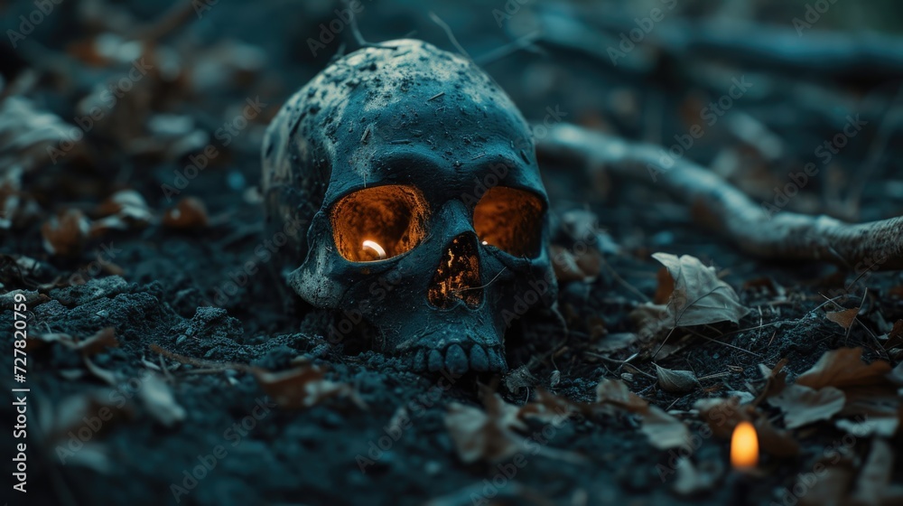 A skull sitting in the middle of a forest. Can be used for Halloween-themed designs or as a symbol of mortality and nature's cycle A skull sitting in the middle of a forest. Can be used for Halloween-themed designs or as a symbol of mortality and nature's cycle