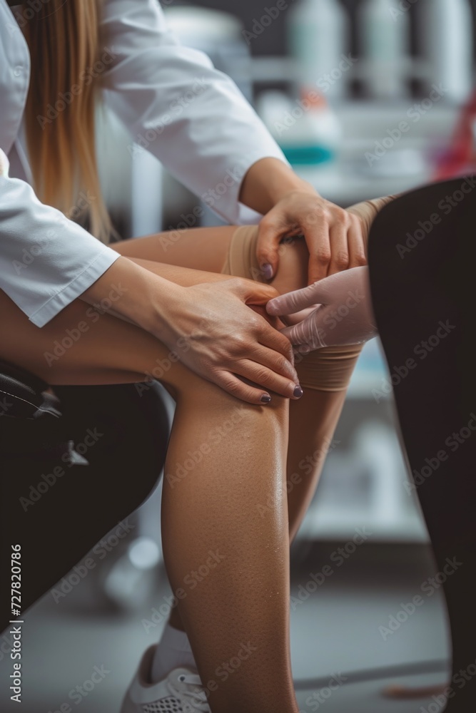Woman having her leg examined by a doctor. Useful for medical or healthcare related content