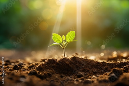 Young green plant growing in the soil with sunlight background. Ecology concept.