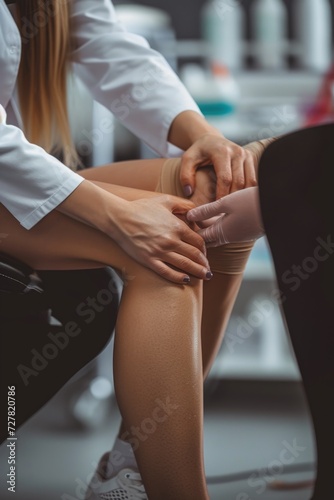 Woman having her leg examined by a doctor. Useful for medical or healthcare related content
