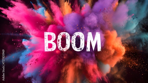 Colorful dust with text BOOM. An explosion of particles of bright colors. Colored background with lots of dust of different colors, explosion of colors.
