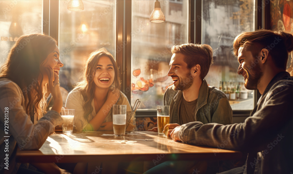 A group of happy young friends having fun together while they have lunch in the restaurant A group of happy young friends having fun together while they have lunch in the restaurant