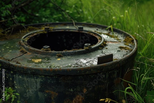 A rusted metal trash can sitting in the grass. Suitable for depicting urban decay and environmental pollution