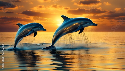 Dolphins swimming in the golden ocean