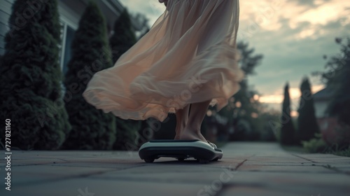 A woman in a white dress confidently walks on a skateboard. Suitable for lifestyle, fashion, and sports themes