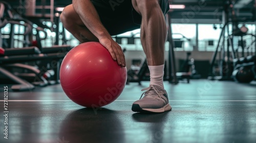 A man is squatting on a red ball in a gym. This versatile image can be used to showcase fitness, exercise, balance, strength, and workout concepts