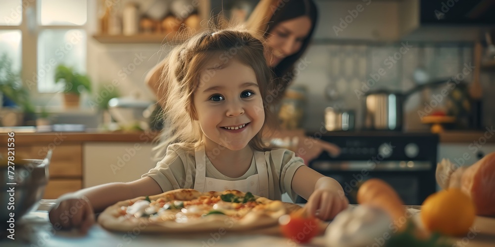 Young girl enjoying homemade pizza in kitchen with mother. a family cooking together. warm home scene. AI