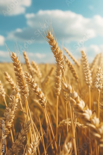 A picturesque field of wheat with a beautiful blue sky in the background. Suitable for various agricultural or natural landscape-related projects