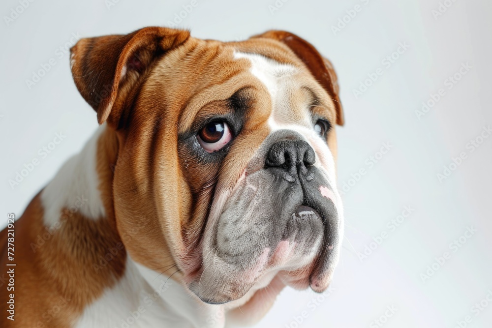 A detailed close up of a dog's face against a clean white background. Perfect for pet owners, veterinarians, or any dog-related publications