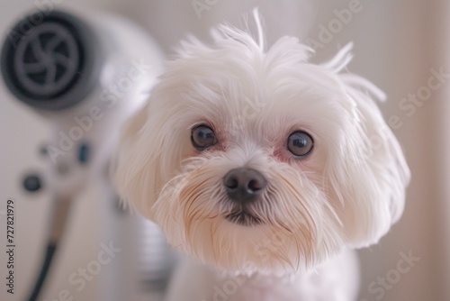 A small white dog sitting on top of a hair dryer. Perfect for showcasing the cuteness of pets in unexpected places.