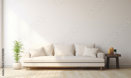 Modern living room interior with bright creamy sofa, white wall background photo