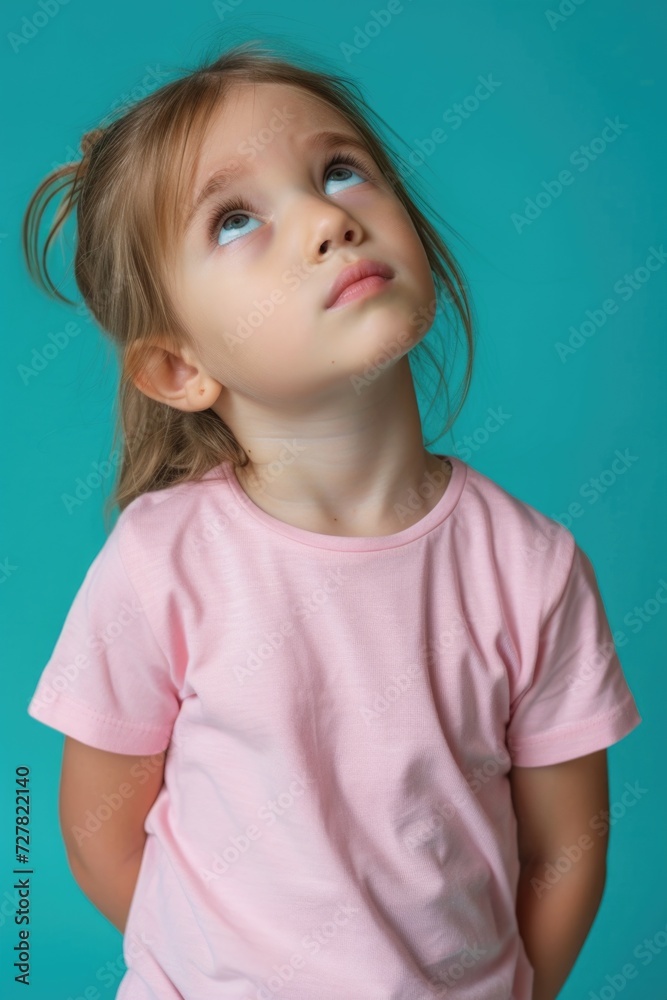 A young girl wearing a pink shirt gazes upward. Perfect for capturing innocence and curiosity. A young girl wearing a pink shirt gazes upward. Perfect for capturing innocence and curiosity.