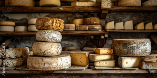 Artisan cheese assortment in a rustic setting. stacked wheels and wedges on wooden shelves. gourmet, culinary delight. food photography still life. AI