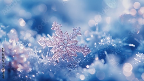 A close up of a snowflake on a tree. Perfect for winter-themed designs and holiday cards © Fotograf