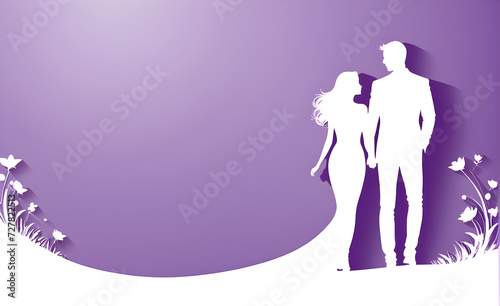 Couple white silhouette. soft purple background with copy space. Generative AI