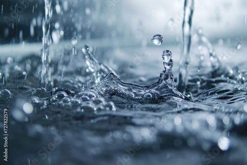 A close-up view of a single water droplet in a body of water. This image can be used to represent concepts such as purity, tranquility, and the beauty of nature