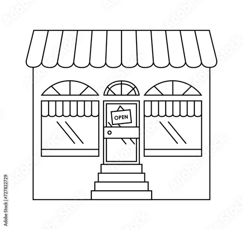 Open door and display window black and white vector illustration