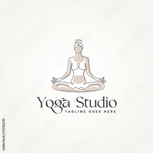 minimalist yoga studio line art logo template vector illustration design. simple modern wellness, zen and meditation logo concept