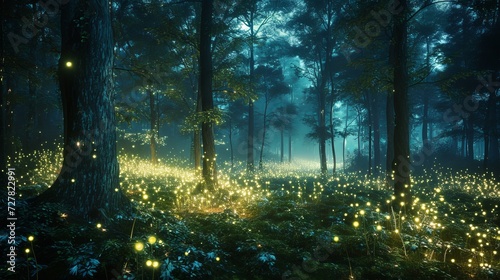 Bioluminescence creates a nighttime illumination in this 3D illustration of a woodland.