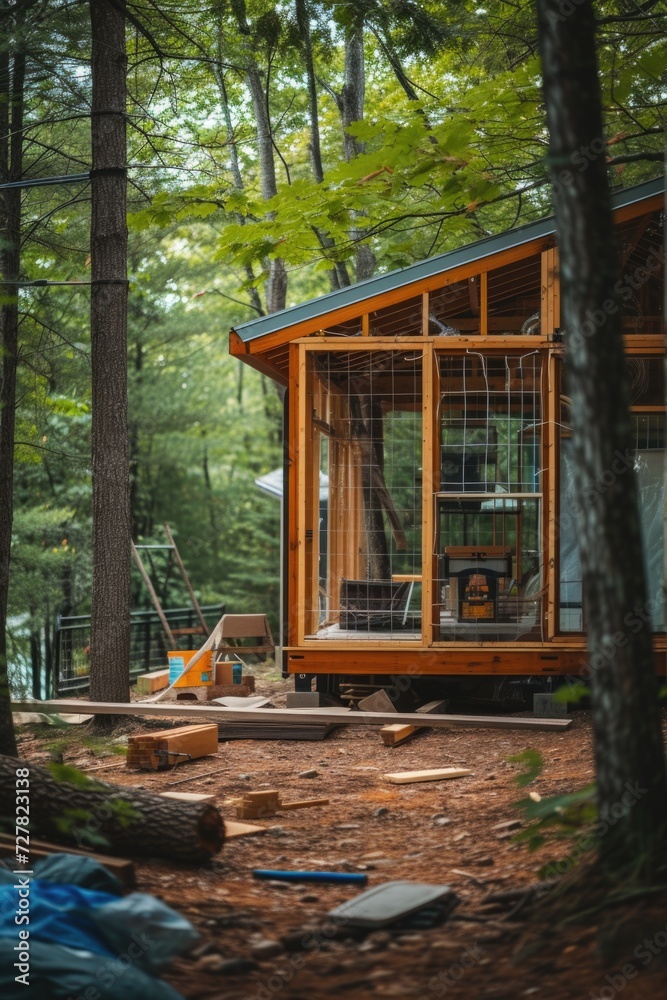 Fototapeta premium A small cabin nestled in the middle of a peaceful forest. Perfect for nature lovers and those seeking solitude