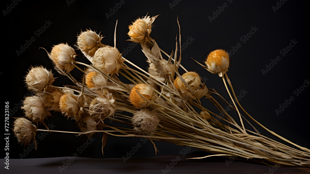 Dry dried flower bud heads Tussilago farfara coltsfoot - obrazy, fototapety, plakaty 