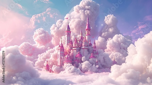 A 3D model of a castle from a fairy tale including cotton candy clouds