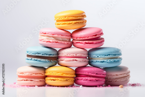 Vibrant, stacked macarons in various colors against a clean, white backdrop. Ideal for bakery menus or dessert advertisements. Copy space available.