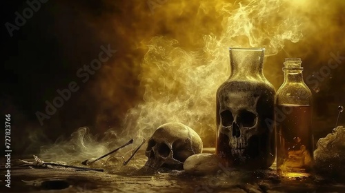 Still life with skull, magic potion and old bottle on dark toned background