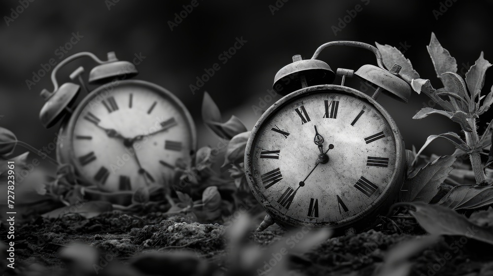 custom made wallpaper toronto digitalVintage alarm clock on green grass background, black and white tone