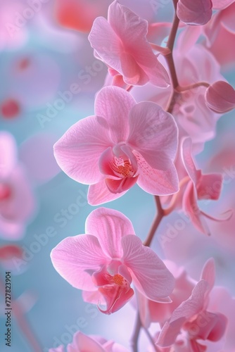 A close up view of pink flowers on a branch. This picture can be used for various purposes