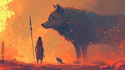 Digital art style illustration painting of a woman holding a magic spear in front of her guardian wolf