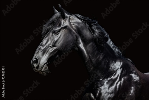 A close up photograph of a horse with a black background. Can be used for equestrian-themed designs or as a powerful image representing strength and beauty