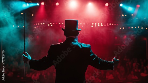 Back view of a man performing magic tricks on a dark stage in a circus while wearing a suit and top hat.
