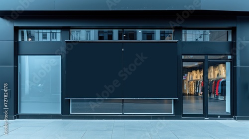 Blank black board or billboard in front of clothing store for mock up advertising. AI generated © saifur
