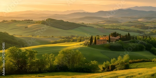 Tranquil dawn over rolling hills, peaceful countryside landscape, serene nature scene at sunrise. idyllic rural backdrop for relaxation or tourism. AI