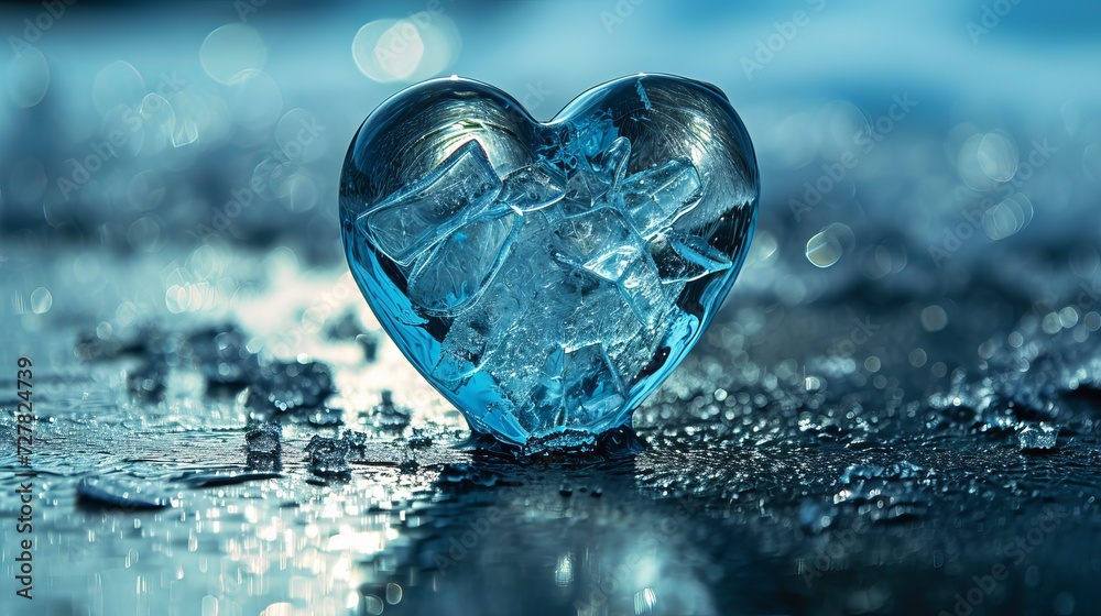 Fototapeta premium A unique Valentine's Day gift, this brilliant chunk of ice in the shape of a heart is a beautiful heart made of cold ice and a symbol of love.