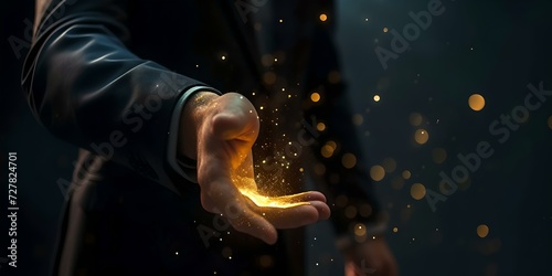 Mysterious man conjuring light in darkness, conceptual magic scene. cinematic photography style. mystical atmosphere. AI