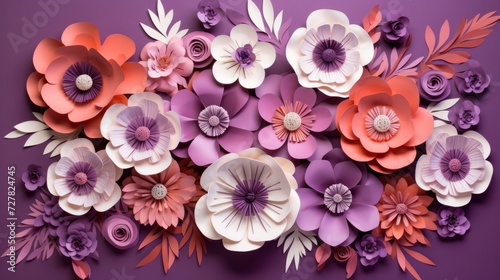 A lovely arrangement of paper flowers on a purple background. 