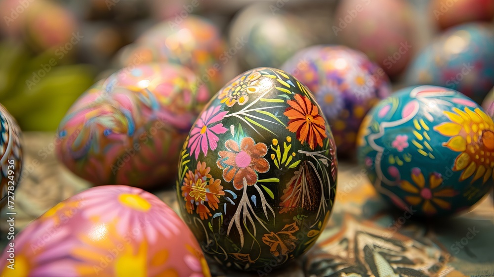 Easter eggs in close-up with exquisitely detailed floral patterns.