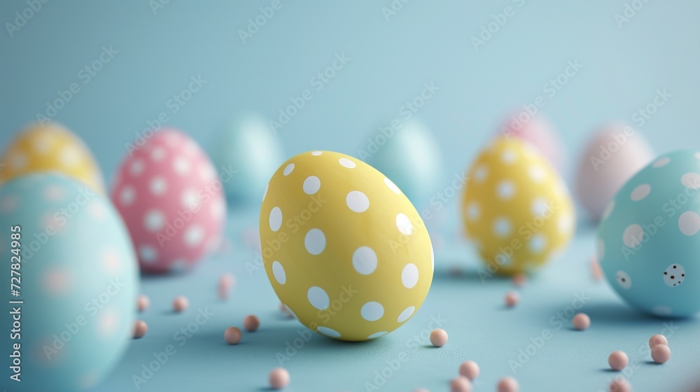 Vibrant Easter eggs set against a soft blue backdrop. Handcrafted style. 3D visualization. Vibrant Easter eggs set against a soft blue backdrop. Handcrafted style. 3D visualization.