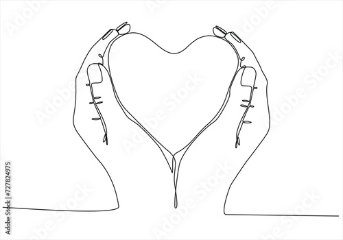 Single one line drawing hands making sign or symbol heart by fingers. Beautiful hands with copy space. Love concept with hand gestures. Modern continuous line draw design graphic vector illustration