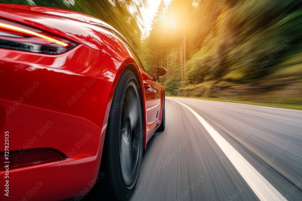 Red luxury sports car driving through lush forest on winding road