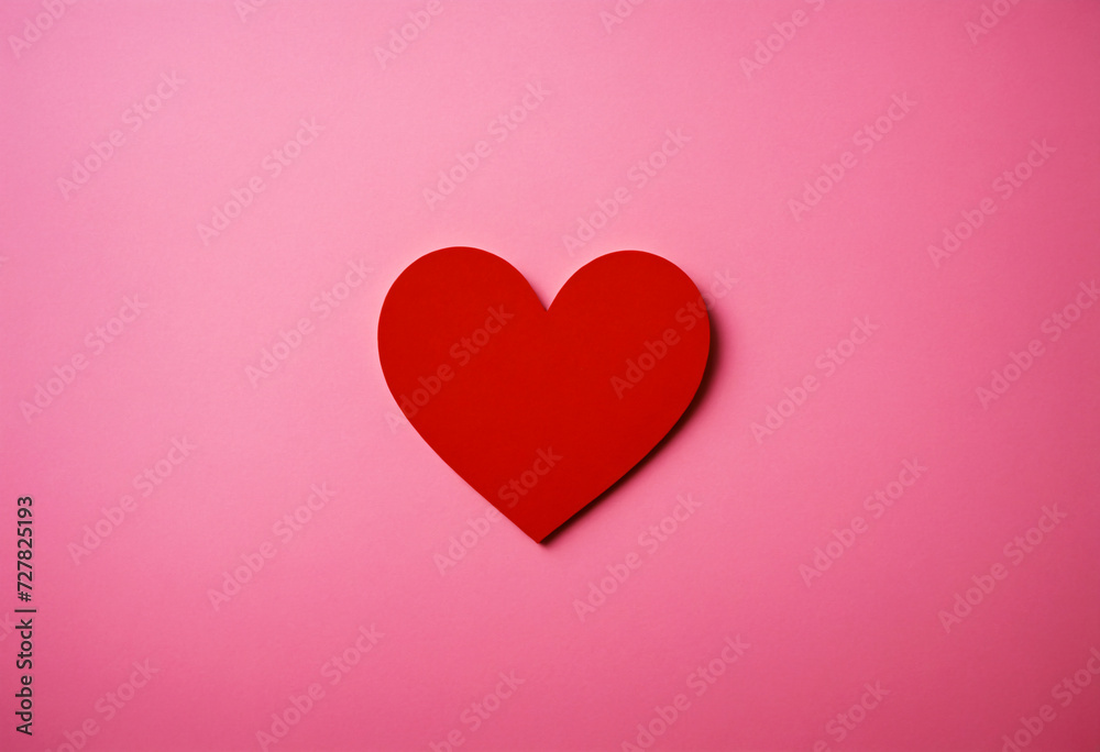 A paper red heart on a pink background.