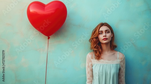 Beautiful young woman with heart shape air balloon on color background. Woman on Valentine's Day. Symbol of love, Birthday invitation, greeting card