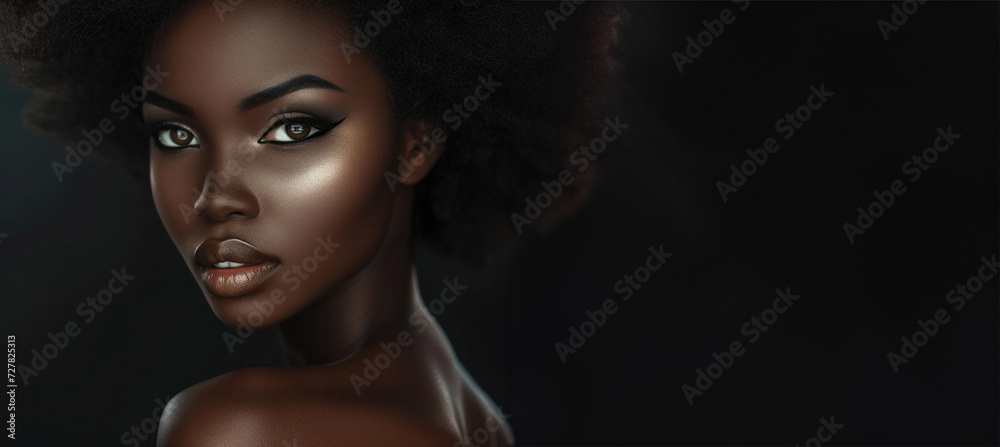 Fototapeta premium portrait, black woman's face on a black background, close-up, fashion photography. Fashion model girl. Black girl model with gold makeup, on black background, fashion magazine cover