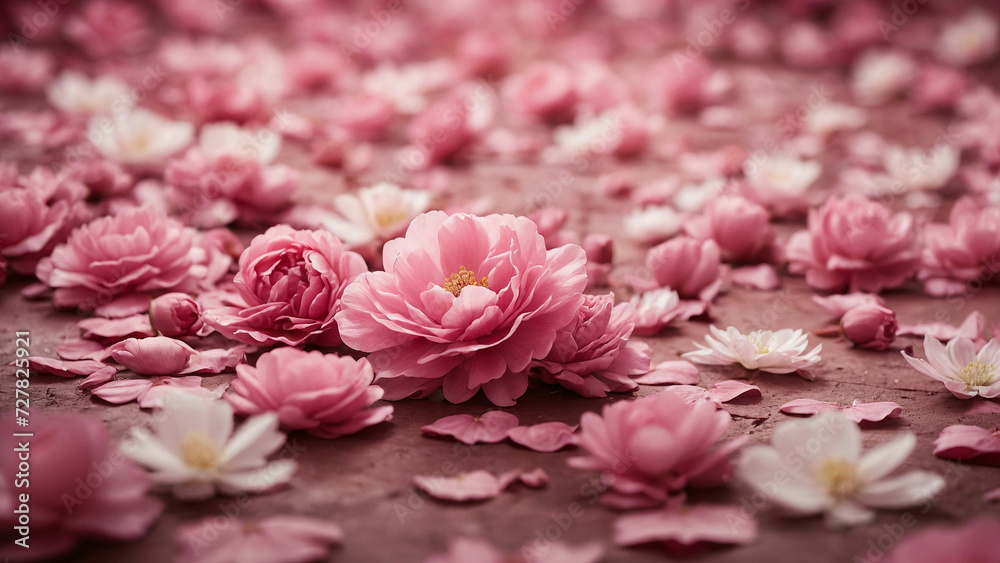 Fototapeta premium A pink floral background as the canvas for a celebration of nature's beauty and a poetic description of a field filled with blooming flowers each petal a unique stroke of artistry