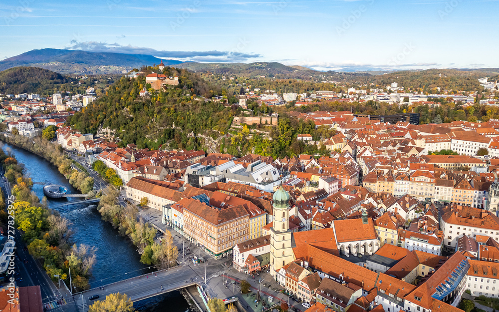 Graz old town as part of the Unesco historical heritage. Famous tourist destination in Austria