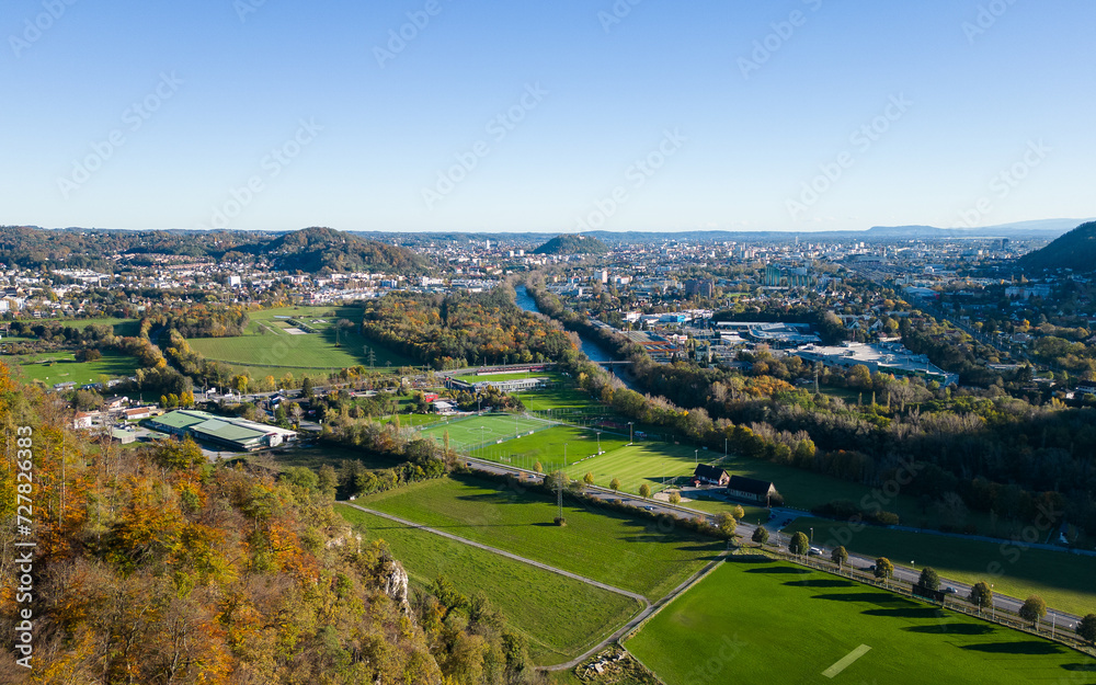 Graz city view with the Andritz district and GAK football club training area