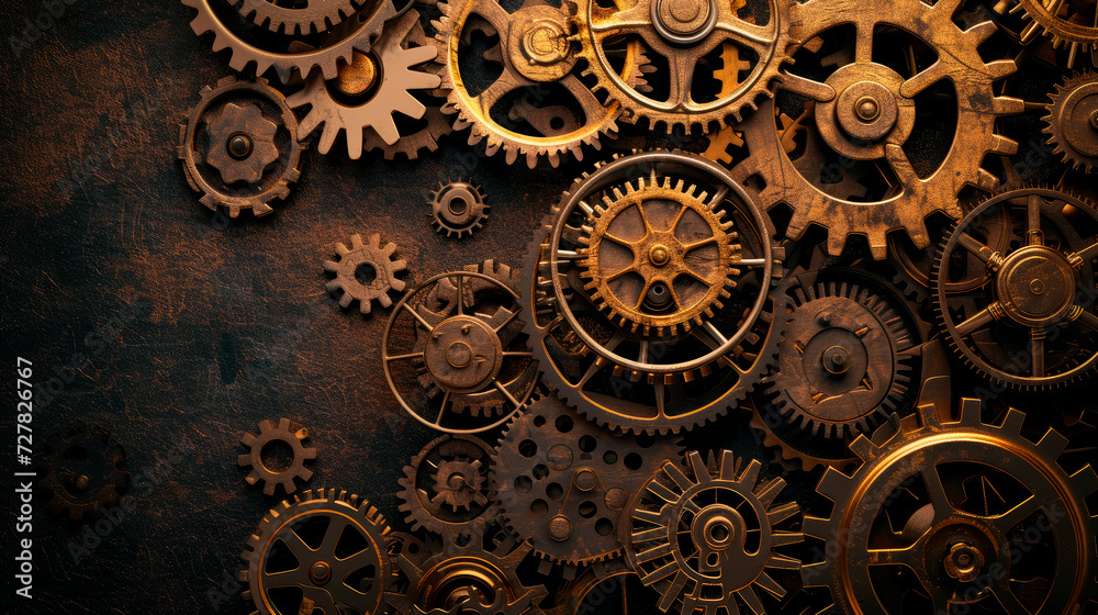 Close up view of various gears and cogwheels. Aged mechanical wheels background.