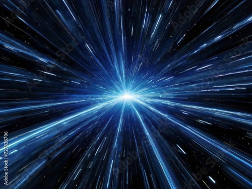 Light speed, hyperspace, space warp background. Blue streaks of light gathering towards the event horizon © mantasha